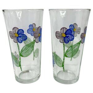 Set Of 2 Floral Glass Tumblers Blue & Purple Flowers Beverage Drinking MCM Clear